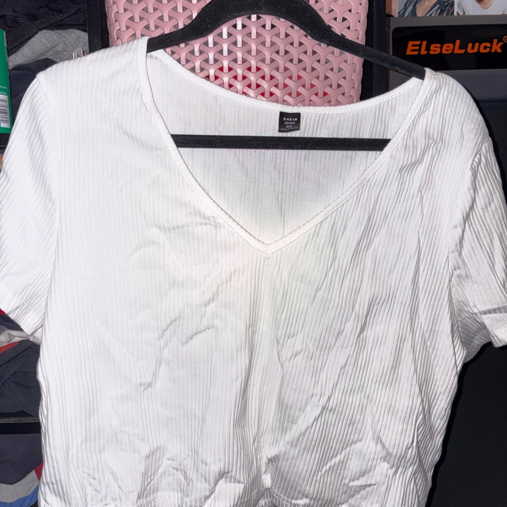 SHEIN White Textured V-Neck Tee